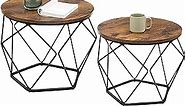 VASAGLE Small Coffee Table Set of 2, Round Coffee Table with Steel Frame, Side End Table for Living Room, Bedroom, Office, Rustic Brown and Black