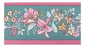 Dundee Deco MGAZBD1056 Peel and Stick Floral Pink Gold Grey Teal Flowers on Vine Self Adhesive Wallpaper Border, Roll 33 ft X 2 in (10m X 5cm)