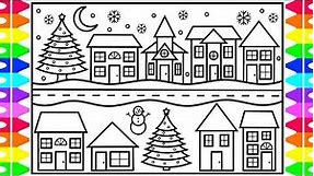 How to Draw a Cute Little Town for Christmas 🎄☃️ Christmas Drawing and Coloring Pages for Kids