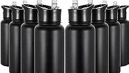 32 Oz Insulated Water Bottle Bulk 8 Pack, Stainless Steel Sports Water Bottles with Straw Lid & Wide Mouth Lids, Double Walled Vacuum, Leak Proof, Black