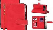 Jaorty Compatible with Google Pixel 6 Pro Wallet Case,[6 Card Slots] [Wrist Strap] [Stand Feature] Detachable 2 in 1 Magnetic Zipper Leather Cover Case for Google Pixel 6 Pro,6.71 inch Red