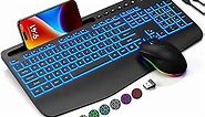 Wireless Keyboard and Mouse Combo with 7 Colored Backlits, Wrist Rest, Rechargeable Ergonomic Keyboard with Phone Holder, Silent Lighted Full Size Combo for Window, MacBook, PC, Laptop (Black) (Black)