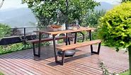 Costway Natural Wood Outdoor Picnic Table Bench Set Outdoor Dining Table Set with 2 in. Umbrella Hole and Metal Frame Patented GHMF0002