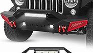 Front Bumper Compatible with 2007-2024 Jeep Wrangler JK JL JKU JLU Unlimited & Gladiator JT Off-road Bumper w/Winch Plate, Paintable Armor, 5 x LED Lights & D-rings (2/4 Doors, Black)