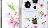 CEOKOK for iPhone 14 Pro Case Clear with Real Pressed Flowers Design Bling Glitter Cute Sparkly Floral Pattern Slim Soft TPU Protective Women Girl's Phone Cover (Pink)
