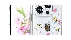 CEOKOK for iPhone 14 Pro Case Clear with Real Pressed Flowers Design Bling Glitter Cute Sparkly Floral Pattern Slim Soft TPU Protective Women Girl's Phone Cover (Pink)
