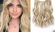 REECHO Invisible Wire Hair Extensions with Thinner Softer Lace Weft Adjustable Size Removable Secure Clips in Wavy Secret Hairpiece for Women 12 Inch (Pack of 1) - Medium Blonde with Highlights