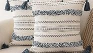 BUIOVBEY Boho Throw Pillow Covers 18x18 Set of 2 Woven Tufted Farmhouse Pillows Cover with Tassels Textured Striped Cushion Case Neutral Pillow Cases Decorative Pillowcase for Sofa, Bed, Dark Blue