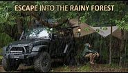 SOLO CAR CAMPING in RAIN [ tarp shelter, JEEP camper ]
