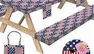 Sotue Picnic Table Cover with Bench Covers 3 Piece Set Elastic Fitted Rectangle Tablecloths Camp Tables Seat Cloth Polyester Oilcloth Vinyl Clothes for Outdoor Waterproof Camping 72x30 Inch US Flag