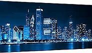 YeiLnm Modern Canvas Painting Chicago Skyline at Night Wall Art Cityscape Picture Print on Canvas Blue City Cool Building Giclee Artwork for Home Office Living Room Bedroom Decoration Framed