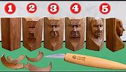 5 Steps for CARVE a FACE, KNIFE ONLY, Whittling WOOD CARVING for beginners, Focuser Carving Knives