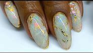 White Opal Gel Nail Tutorial | Made with REAL Opal | Gemstone Nail Art | Gold Leaf Nails