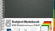 Dunwell 5-Subject Notebook College Ruled 8.5 x 11, 200 Sheets (400 Pages), Spiral Notebook 8.5x11 with Tabs, Movable Pocket Dividers, Front/Back Plastic Covers, Multi Subject Notebook