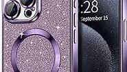 Hython for iPhone 15 Pro Case Glitter, Clear Magnetic Phone Cases with Camera Lens Protector [Compatible with MagSafe] Bling Sparkle Plating Soft TPU Shockproof Protective Cover Women Girls-Purple