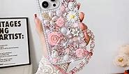 Threesee for iPhone 12 Pro Max Bling Case,Luxury Crystal Rhinestone Flowers Glitter Diamond Pearl Women Girls Kids Case Cover with Lanyard for iPhone 12 Pro Max 6.7 inch