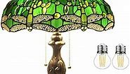 WERFACTORY Tiffany Style Table Lamp Green Stained Glass Dragonfly Bedside Lamp 16X16X24 Inch Desk Reading Light Metal Base Decor Bedroom Living Room Home Office S459 Series