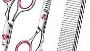 Wikdey Pink Dog Grooming Scissors with Safety Round Tip,Pet Grooming Kit,Dog Shears Set,Incude Thinning,Curved Grooming Scissors and Comb for dogs, cats.Suitable for The Right Hand