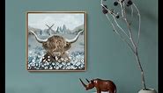 Framed Wall Art Highland Cow Bathroom Wall Decor Animal Canvas Print Rustic Farmhouse Painting Cute Cattle in the White Daisy Flower Bush Modern Artwork for Bedroom Living Room Office 14"W x 14"H