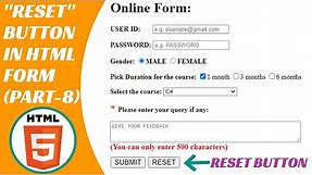 HTML Tutorials || Reset Button in HTML || Input Type Reset Button || Forms in HTML || Part-8