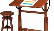 MEEDEN Vintage Wood Drafting Table & Stool Set, Artist Drafting Chair and Craft Table with Adjustable Height, Tiltable Tabletop for Artwork, Graphic Design, Writing