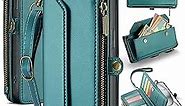 Crossbody for iPhone 15 Plus Wallet Case【RFID Blocking】with 10-Card Holder Zipper Bills Slot, Soft PU Leather Magnetic Wrist Shoulder Strap for iPhone 15 Plus Case Wallet for Women, BlueGreen
