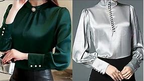 beautiful & classy plain satin/silk blouses outfits designs/elegant ways to style your satin blouse