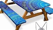 Picnic Table Cover with Bench Covers 6FT 3 Pcs Waterproof Windproof Aesthetic Camping Tablecloth with Drawstring Bag, Fitted for 6 Foot Rectangle Tables and Seats, Dark Blue Green
