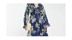 ASOS DESIGN satin stripe midi dress with blouson sleeve and button detail in navy floral print | ASOS