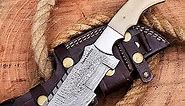SUSA KNIVES Handmade Damascus Tracker Knife with Bone Handle - Survival Knife - Camping Knife - Damascus Steel Knife - Damascus Hunting Knife with Sheath Horizontal Carry Fixed Blade Knife (WHITE)