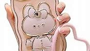 MintBear Cute Bunny Hidden Stand Compatible with iPhone 11 Case, Plating Shockproof Mirror Bracket Phone Case with Rabbit Ear Lens, 3D Rabbit Case with Heart Chain Bracelet for Women - Pink