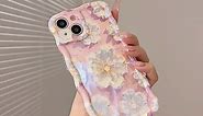 for iPhone 12 Case, Colorful Retro Oil Painting Printed Flower Phone Case for Women Girls, TPU Cute Curly Wave Edge Exquisite Stylish Durable Protective Phone Cover,Blue & White