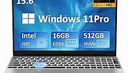 Laptop Computer with 16GB DDR4 RAM & 512GB M.2 PCIe NVMe SSD, Intel N95 Up to 2-3.4 GHz, 15.6" FHD IPS LCD Screen, Backlight Keyboard, Fingerprint Reader, Mini HDMI, USB-A x2, Windows 11 Pro