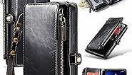 Defencase for iPhone 13 Pro Max Case Wallet, for iPhone 13 Pro Max Wallet Case for Women Men, Vintage PU Leather Magnetic Flip Wrist Strap Zipper Card Holder Case for iPhone 13 Pro Max, Luxury Black