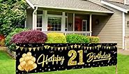 21st Birthday Banner Decorations for Her & Him, Black Gold Happy 21 Year Old Birthday Sign Party Supplies Décor, Twenty First Birthday Photo Banner for Outdoor Indoor