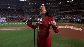 Demi Lovato in full leather jacket & skirt singing USA National Anthem