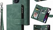 LBYZCASE Case for Motorola Edge Plus 2022 with Card Slots,Durable Flip Folio Kickstand Magnetic Closure Leather Zipper Wallet Wrist Strap Motorola Moto Edge+(2022) Case Cover for Women Men (Green)
