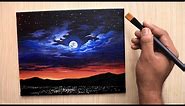 Acrylic painting of dramatic Moonlight night sky landscape step by step easy