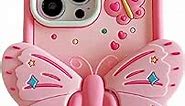 HOFULK for iPhone 15 Pro Max Silicone Case Compatible with Apple 15 Pro Max Pink Cute Butterfly Protective Cases for Women Girly Girl Heavy Duty Phone Case Cover for iPhone 15 Promax with Stand Design