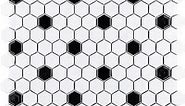 USCT Hexagon 1x1 White with Black Dots Hex Porcelain Mosaic Floor Wall Tile Backsplash Matte Look for Kitchen, Bathroom Shower, Accent Wall, Fireplace