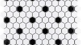 USCT Hexagon 1x1 White with Black Dots Hex Porcelain Mosaic Floor Wall Tile Backsplash Matte Look for Kitchen, Bathroom Shower, Accent Wall, Fireplace