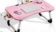 VINAUO Laptop Desk,Folding Lap Desk for Bed,23.6" Portable Laptop Desk Table,Bed Tray with iPad Slots,Cup Holder and Drawer,Laptop Bed Stand Standing Table for Couch Floor Pink