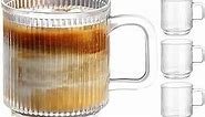 6 PACK Premium Glass Coffee Mugs with Handle, 12 OZ Classic Vertical Stripes Glass Coffee Cups, Transparent Tea Cup for Hot/Cold Beverages, Glassware Set for Americano, Latte, Cappuccino