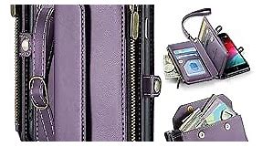 Crossbody for iPhone SE/8/7 Wallet Case【RFID Blocking】with 7-Card Holder Zipper Bills Slot, Soft PU Leather Magnetic Wrist Shoulder Strap for iPhone SE 2020/2022 Case Wallet for Women,Purple