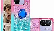 Glitter Case for Xiaomi Redmi 12C for Woman, Moving Liquid Holographic Sparkle Bling Cases with Diamond Kickstand Clear Soft TPU Phone Cover for Redmi 12C JBZ Pink Sky Blue