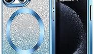 Hython for iPhone 15 Pro Case Clear Magnetic Glitter Phone Cases [Compatible with MagSafe] Full Camera Lens Protector Gradient Sparkle Luxury Plating Shockproof Protective Cover, Square/Light Blue