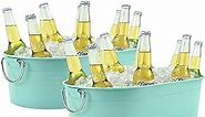 2 Pack Farmhouse Metal Mint Beverage Tub, Beer, Wine, Ice Holder - Ice Buckets for Parties, 3.1 Gallons Rustic Vintage Storage Oval Bucket Bin - White/Cutout Handle with PE Rattan