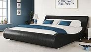 WEEWAY Modern Full Size Upholstered Platform Bed Frame, Faux Leather Sleigh Bed with Adjustable Headboard, Strong Wood Slats Support, No Box Spring Needed, Black