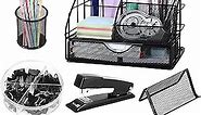 Office Supplies Desk Organizer - Desk Organizers and Accessories, Office Supplies Set with Pen Holder, Stapler and 72 Clips Set for Office, Home, School, Black