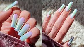 Pastel rainbow ombre nail art tutorial with Chrome powder ✨️ on natural long nails 💅🏻
